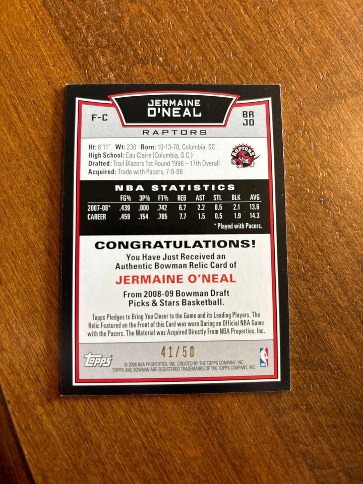 Jermaine O'Neal 2008-09 Bowman Draft Picks Blue Game Jersey Raptors Pacers /50 - Image 2 of 2