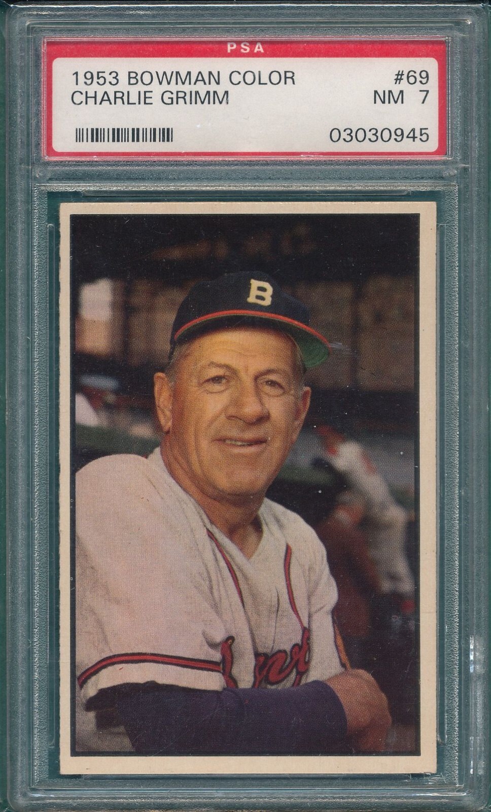 1953 Bowman Color #69 Charlie Grimm PSA 7 NM Cubs & Braves Scarce, Free Shipping