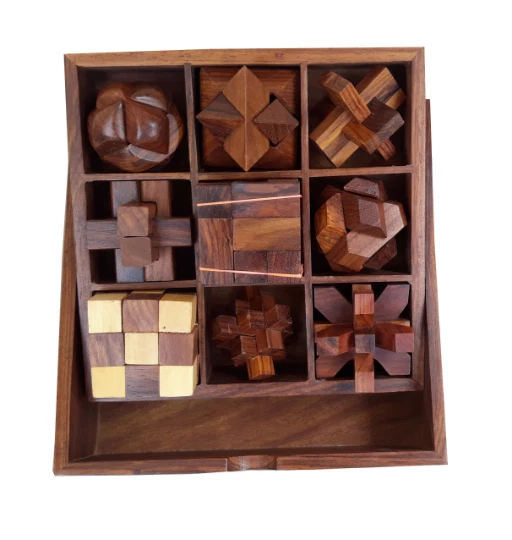 STEM brain teaser puzzle set, 9 wooden mechanical puzzles, IQ logical game - Image 3 of 4