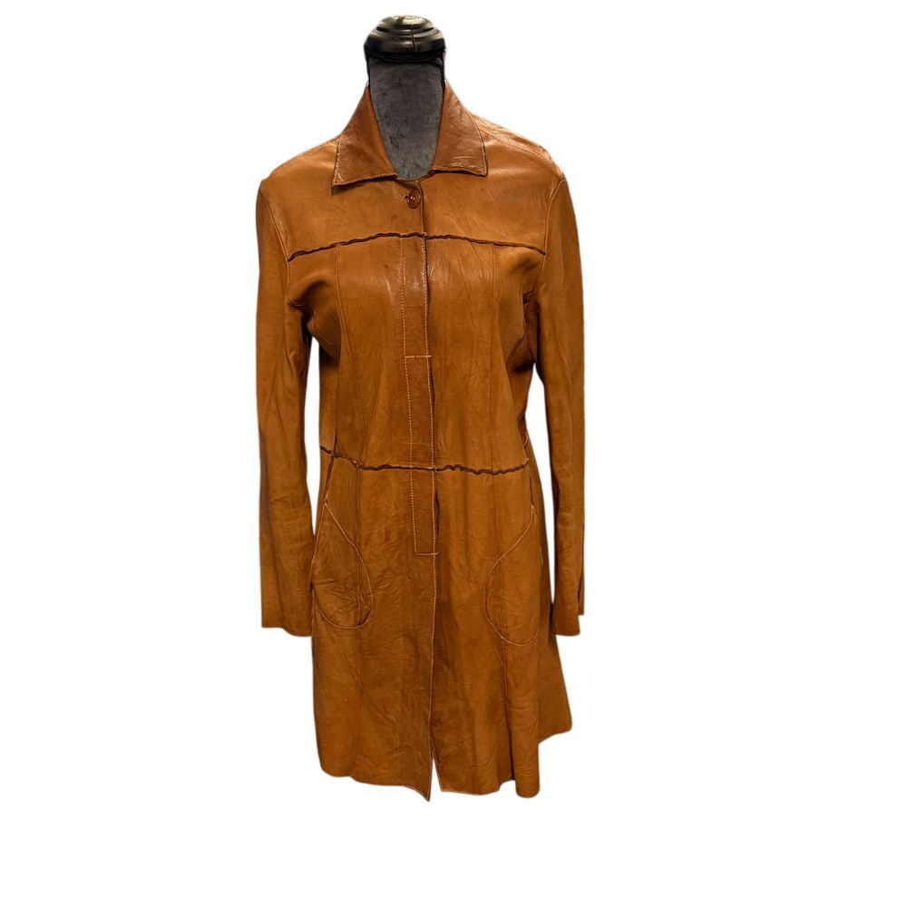 Blur Vintage Tan Leather Long Coat Button Front Collared Trench Style Outerwear