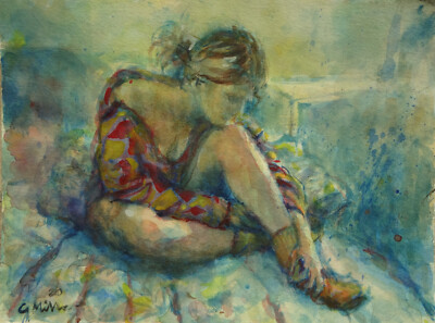 GERRY MILLER-Young Woman Seated. Watercolour Painting.32x24cm