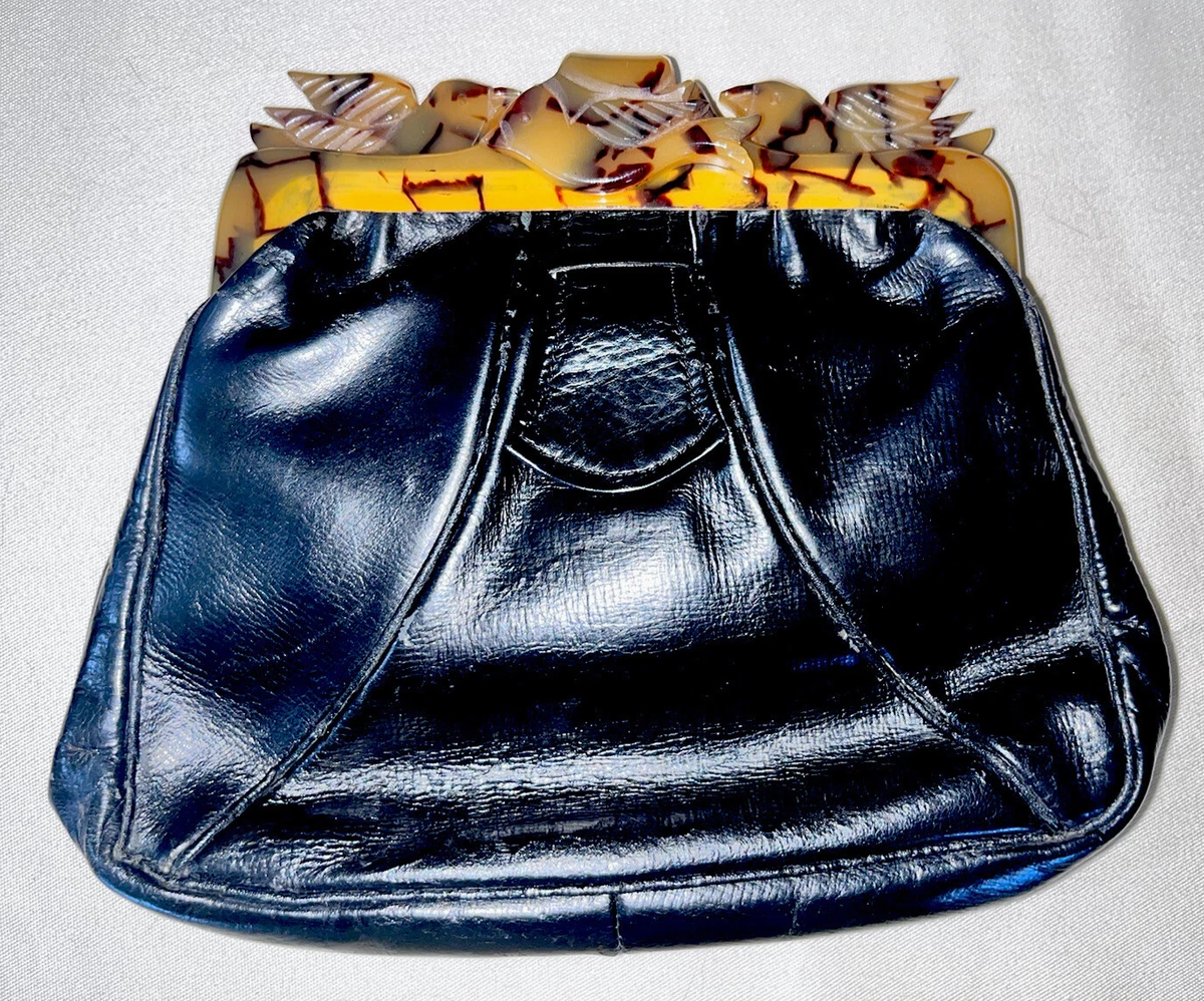 Vintage Art Deco 1930s Leather Carved Tortoise Bird Frame Handbag Purse Clutch
