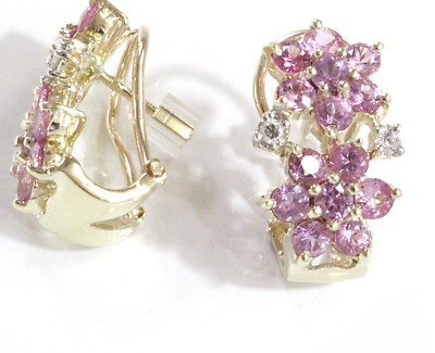 Omega-Ohrringe 3,1 ctw natürlicher rosa Saphir & Diamant 14 Karat Gelbgold 2 Blumen