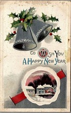 c1910 TO WISH YOU A HAPPY NEW YEAR BELLS HOLLY SCENIC VIEW POSTCARD 25-45