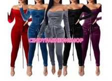 Women Velvet Bandage Long Sleeve Lace UP Night Club Party Jumpsuit Rompers #L