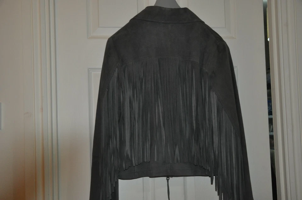 HAUTE HIPPIE Suede Fringe Moto Jacket (L) Elephant - Goatskin Shell - EXCELLENT - Image 2 of 4