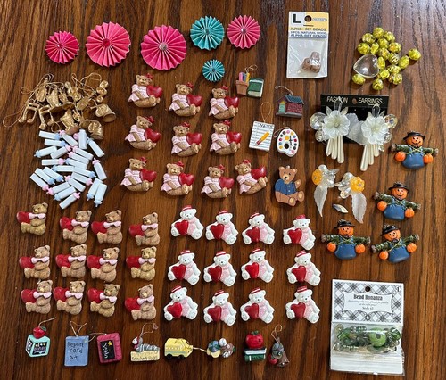 Jewelry Making/Crafting Lot Teddy Bear Flats, Foil Beads, School Ornaments, MORE