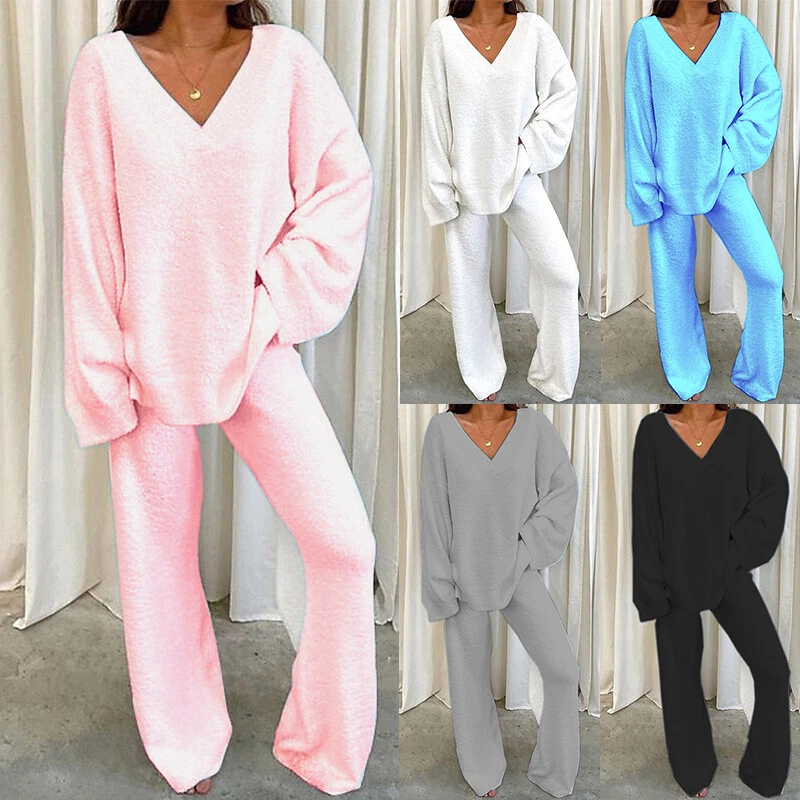 Womens Ladies 2PCS Lounge Wear V Neck Suit Pants Loungewear Tracksuit Set  Top 