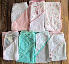 Lot 7 Hooded Bath Towel Bundle Girls Pink Microfiber Terry Cloth Pink Stripe