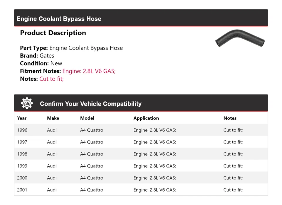 Ворота байпасного шланга охлаждающей жидкости для газового двигателя Audi A4 Quattro 2,8 л V6 1996-2001 годов выпуска 1997 - Изображение 2 из 4