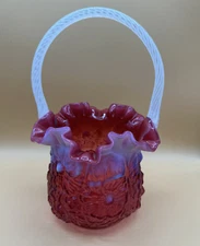 Fenton 10.5" Cranberry Flower Basket Opalescent Twist Handle 3D texture