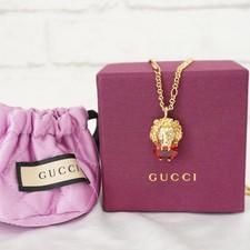 GUCCI Lion Head Gold Plated Red stone Necklace Pendant length 21" unisex w/ Box