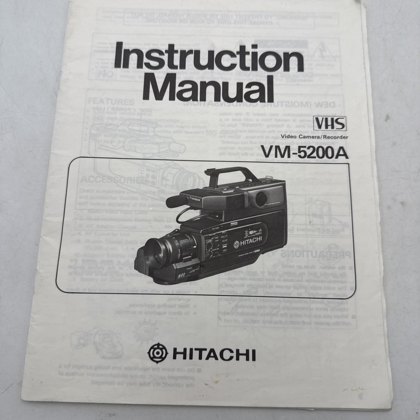 Hitachi VM-5200A Instruction Manual Only VHS Video Camera/Recorder Guide Book