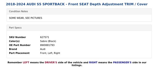 AUDI S5 SPORTBACK 2018-2024 - Asiento delantero ajuste de profundidad ajuste/cubierta - Imagen 5 de 6