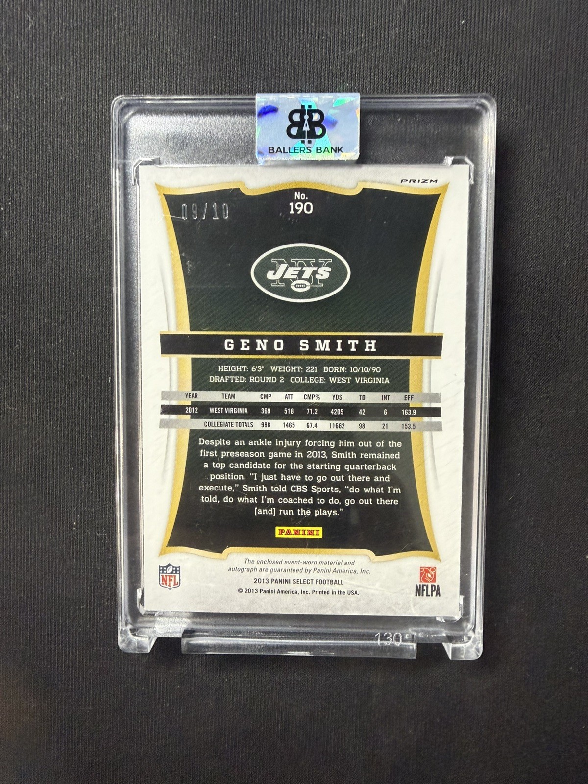 Geno Smith 2013 Panini Select Rookie Jersey Auto RPA Gold Prizm /10 JETS view 2