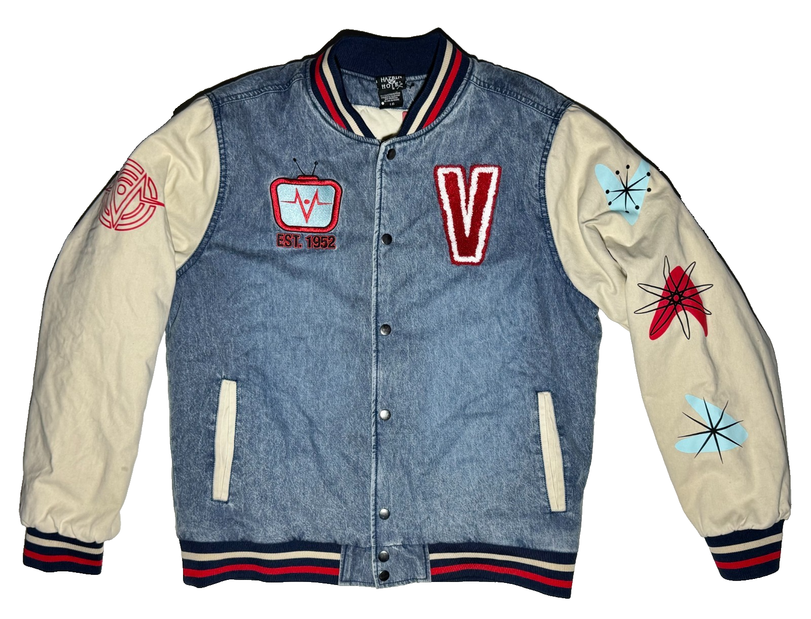 Hazbin Hotel Voxtek Vtg Denim Varsity Jacket Size Med BoxLunch Exclusive