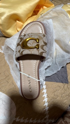 Coach Women's Signature Logo Leather Slide Sandals Beige Brown Gold Size 7