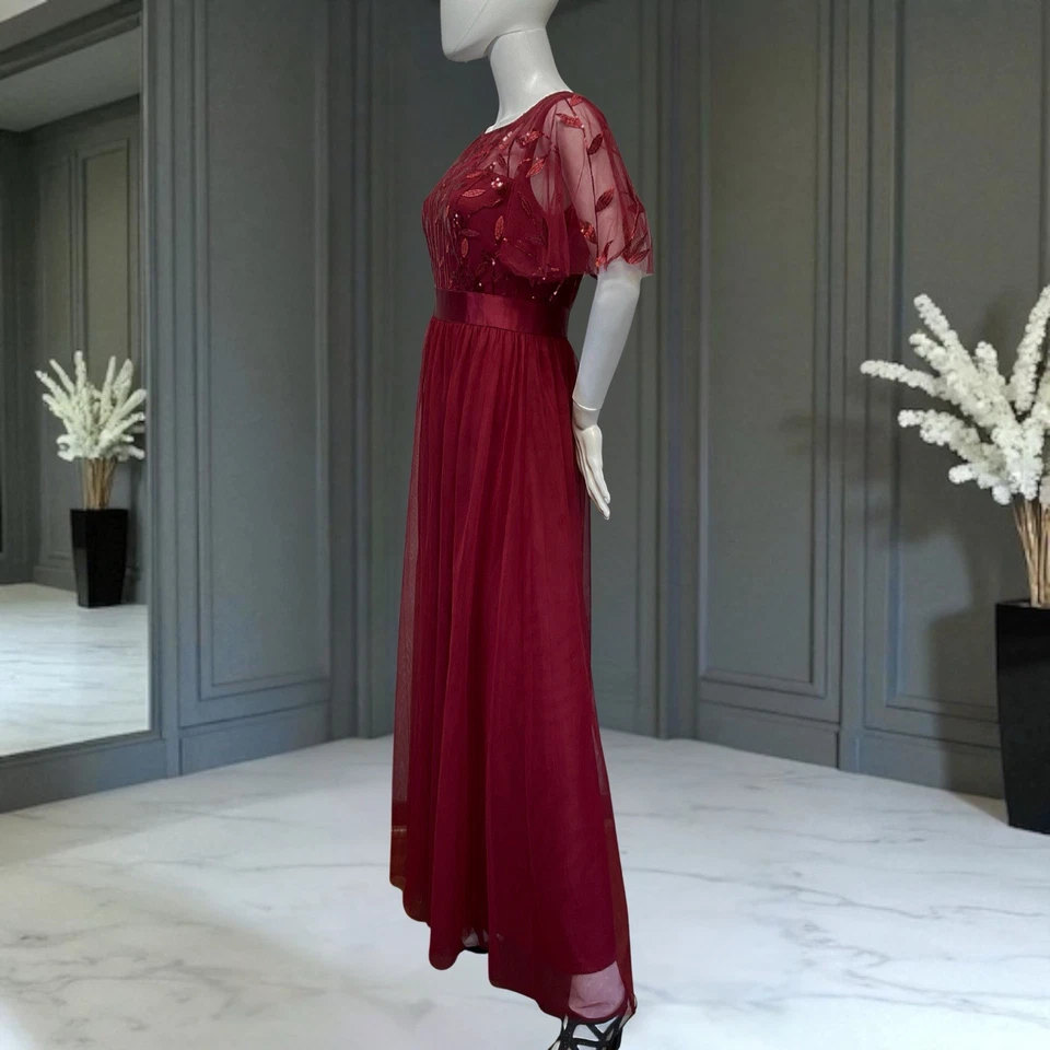 Maxi vestido de noche formal rojo Ever Pretty para mujer talla grande malla bordada Foto 3 de 4