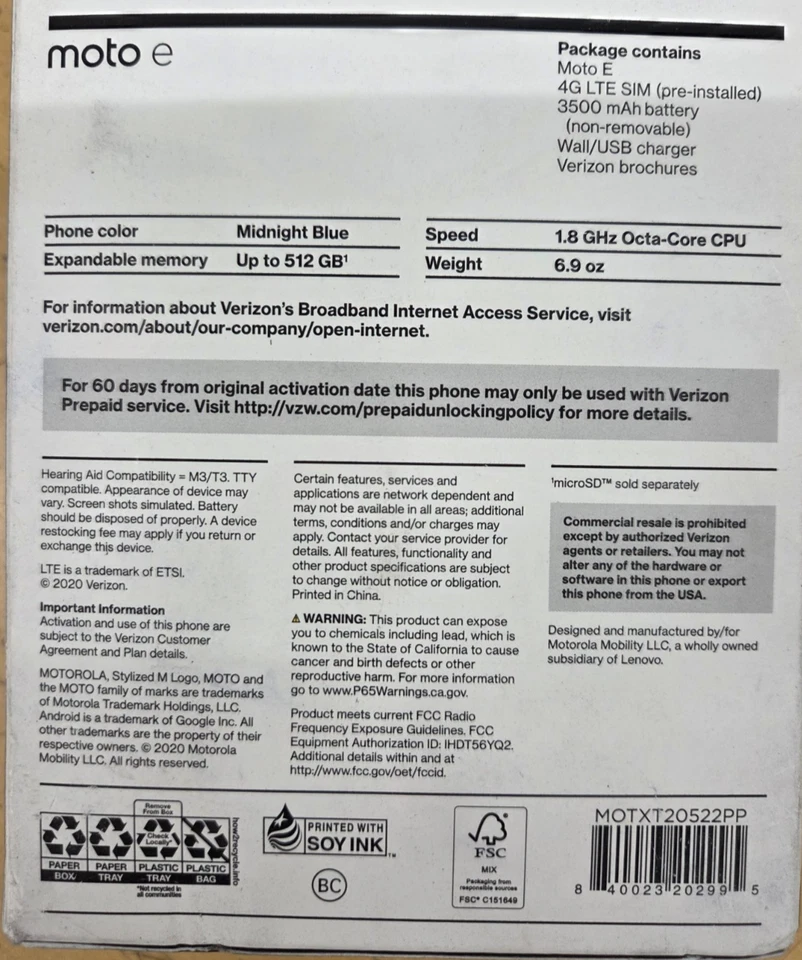 New Verizon PrePaid MOTOROLA Moto E MIDNIGHT BLUE - Image 2 of 2