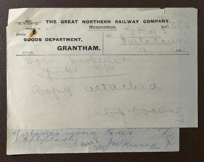 1922 Great Northern Railway Grantham to Portadown Goods Dept Memo