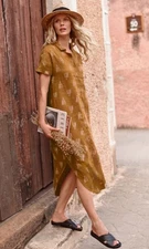 Garnet Hill 100% Linen Maxi Shirtdress Tunic Womens XL Mustard Sundress Tribal