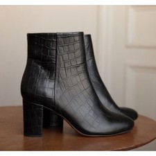 Sezane Lea Black Leather Croc Embossed Ankle Boots Block Heel Size 37