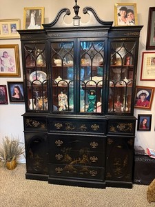 Antique Black Lacquer Finished Oriental China Cabinet