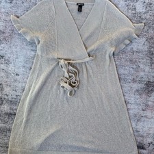H&S Mama Maternity Dress Tunic Beige Gold thread faux Wrap Short Sleeve