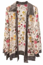 Floral Pattern Open Front Kimono Jacket with Contrast Trim, Size M