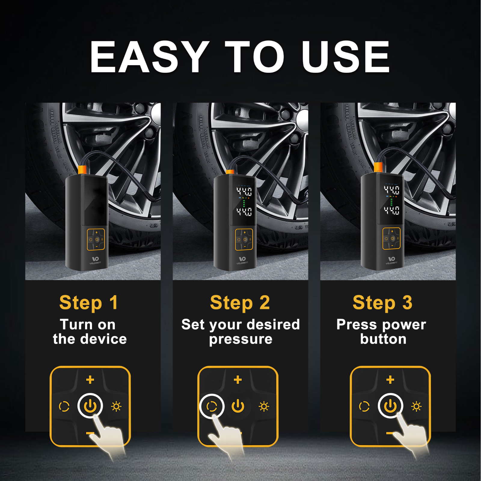 Easy to use tire inflator three step operation turn on set pressure press start