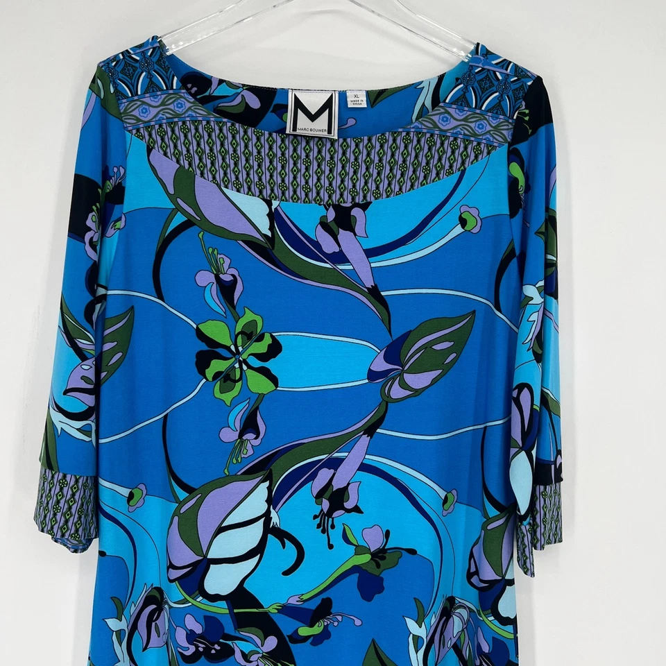 Marc Bouwer Dress Womens XL Retro Floral 70s Blue Tropical Hippie Shift - Image 3 of 4