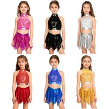 Kids Girls Skirts Hip Hop Outfit Metallic Sets Competition Crop Tops Pleated