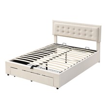 Ottoman Storage Gas Lift Bed Upholstered 4ft6 Double Bed Frame with Drawer Cream