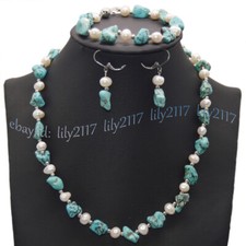 Natural Turquoise Irregular Gems Beads White Pearl Necklace Bracelet Earring Set