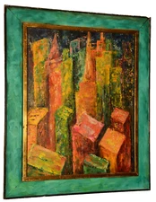 LESLIE FLIEGEL Original Vintage Signed Modern Abstract Cityscape Oil Painting