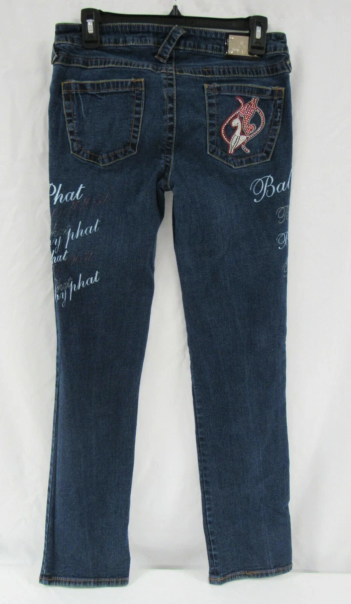 Women s Baby Phat Jeans Vintage Stretch Logo Grafitti Red Gem Cat