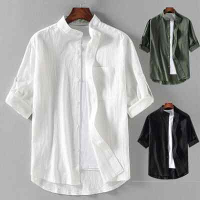 Cotton Linen Mens Casual Short Sleeve Loose Blouse Shirt Button Down Shirts Tops