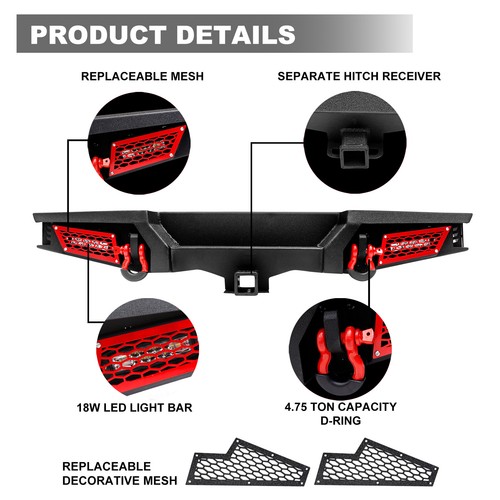 Receptor de enganche de parachoques trasero delantero rojo Aaiwa luz LED para Jeep Wrangler JL 18-23 - Imagen 10 de 15