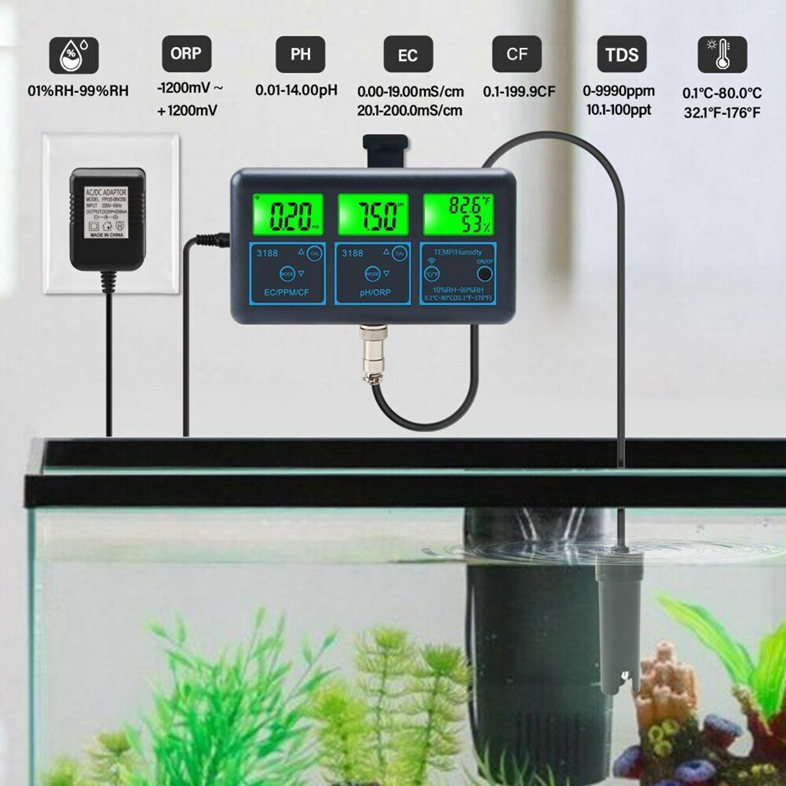 Smart Monitor Fish Tank WIFI SPA Pool Water Quality Meter PH ORP EC PPM Tester