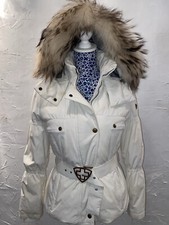 Women Postcard Ski Jacket With Fur Collar, White, Down, Size 6/8 With Head Band