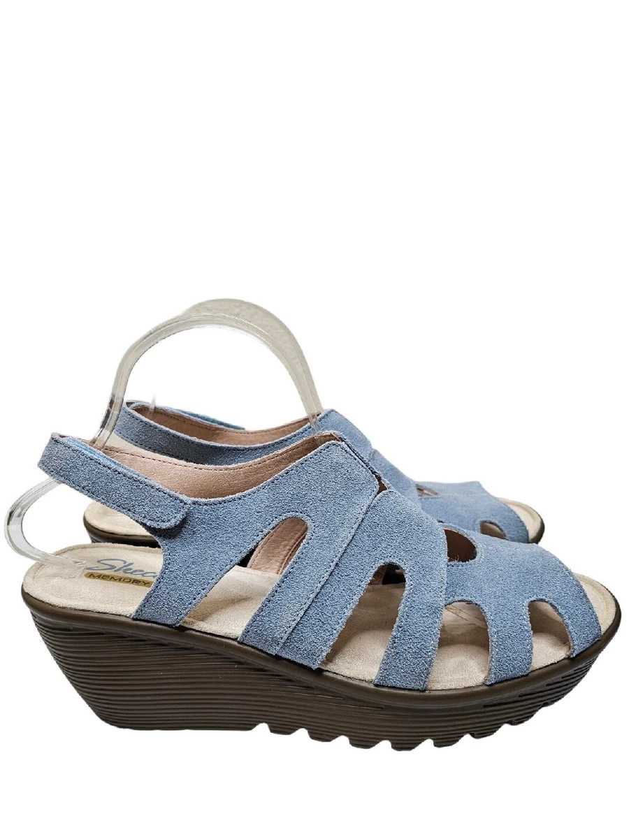 Skechers Slingback Wedge Sandals Blue Suede Peep Toe Casual Comfort Women s 10