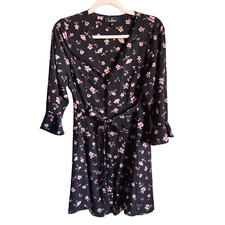 Lulu's Dress Women's Medium Black Floral V neck Button Down Tie Waist 3/4 Sleeve