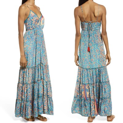 RAGA Maxi Tiered Floral Dress SZ M Somewhere in Paradise Turquoise Boho  Festival | eBay