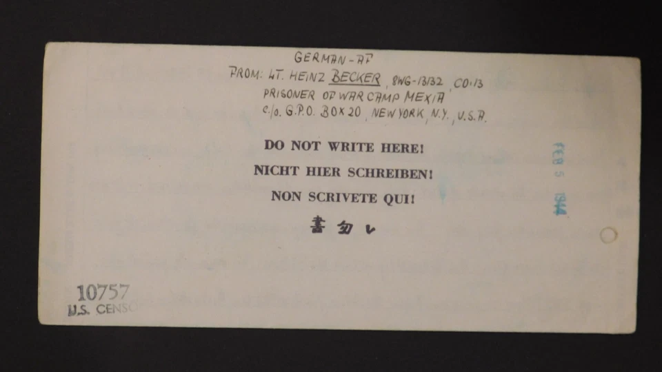 1944 Camp Mexia Texas USA Prisoner of war POW Letter Cover to Ginnheim Germany 2 - Image 2 of 4