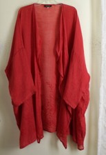 Eskandar 1 O/s Coral Red Pink Linen Gauze 42"l Floral Embroidered Coat Jacket