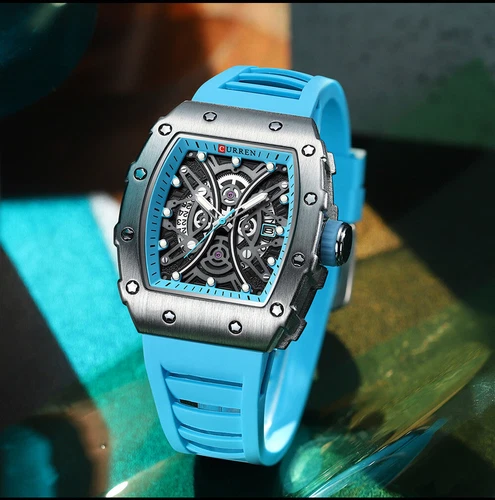 CURREN Men Fashion Sport Watch Wristwatch Hollow Dial Silicone Calendar Watches - Picture 13 of 27