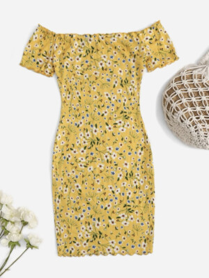 SHEIN Women Off Shoulder Lettuce Trim, Allover Floral, Yellow Print, Dress  Sz L