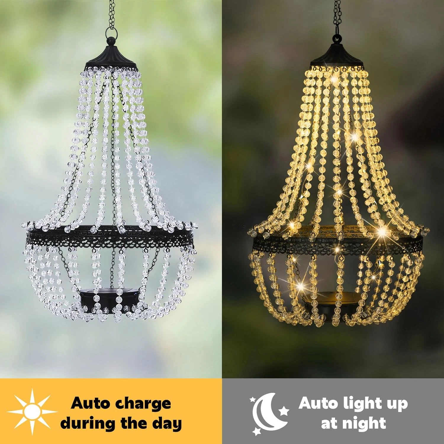 LumeVine solar chandelier shown unlit during the day and glowing warm white at night
