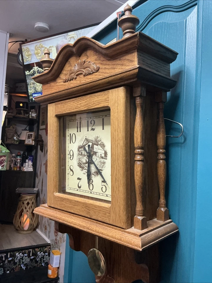 Reloj de pared grande de madera de roble hecho a mano vintage único en su clase con granero 30X14 Foto 4 de 4