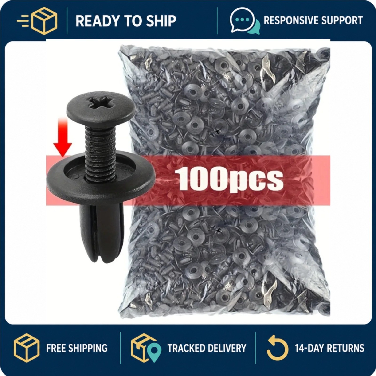 100pcs 8mm Plastic Push-In Rivets Car Bumper Fender Fastener Clips Black